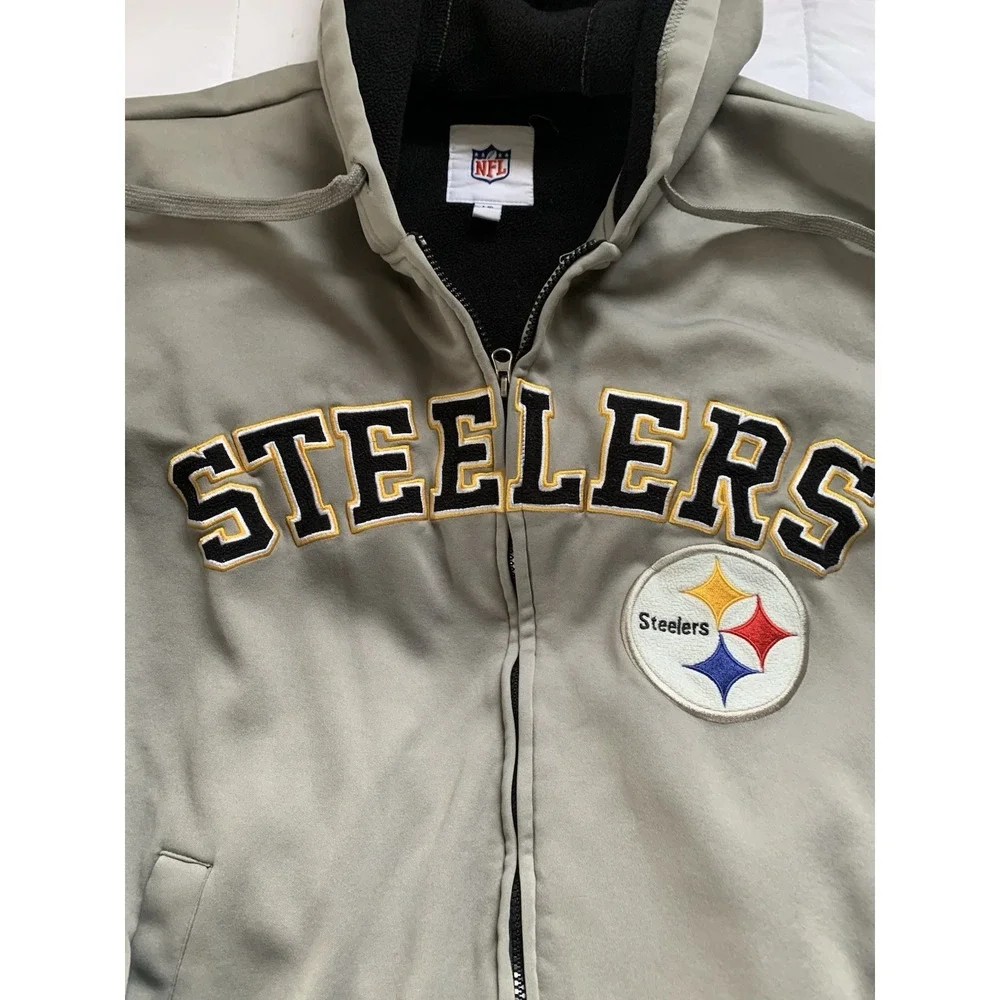 Pittsburgh Steelers NFL Men's Large Gray Full Zip Hooded‎ Fleece Jacket